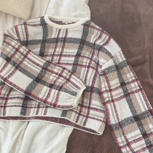 Z Supply Plaid Crew Neck Sweater - Cream, Brown, Red, Black